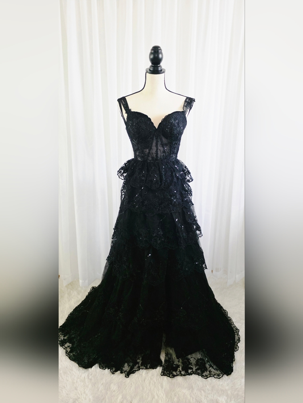 Black Tiered Lace Evening Gown